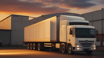 white truck parked in front of industrial logistics building at sunset. Logistics transport trucks are parked.