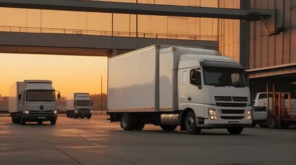 Fototapeta premium white truck parked in front of industrial logistics building at sunset. Logistics transport trucks are parked.