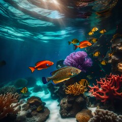 Fototapeta na wymiar different color coral reef and fishes in nice and clear water of ocean