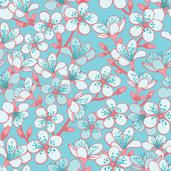 Vector pastel cyan background with light blue cherry blossom sakura flowers and red stems seamless pattern background.