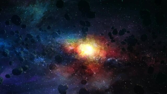 POV flying through astroid filed in outer space