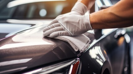 A man meticulously cleaning a car with a microfiber cloth. Generative AI.