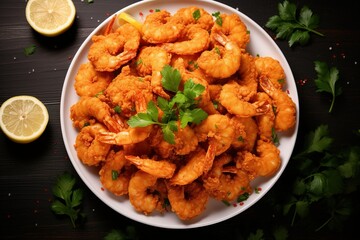 Spicy breaded fried shrimp with fresh parsley leaves.