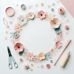 Blank pastel flower circle template with copy space on white background.