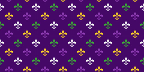 Mardi Gras Seamless Pattern with Fleur de Lys Flower. Purple, Green and Yellow Vector Background with Carnival Festive Symbol.