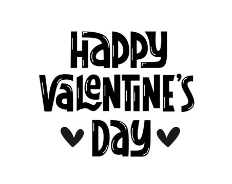 Happy Valentines Day Handwritten Phrase Black and White. Vector Hand Lettering for Greeting Card. Valentine's Day Congratulation.