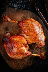 Two fried chicken legs on a wooden board. Grilled fried chicken homemade recipe, top view, close up