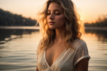 Beautiful Young Cute Girl In The Water Lake Backlit Hair Glow Portrait