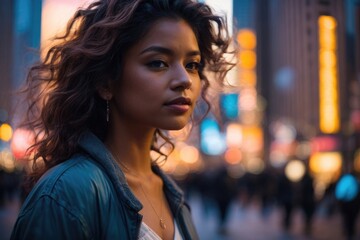 Obraz premium Beautiful Young Cute Girl City Lights Backlit Portrait at Blue Hour