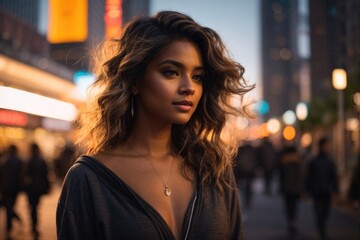 Beautiful Young Cute Girl City Lights Backlit Portrait at Blue Hour