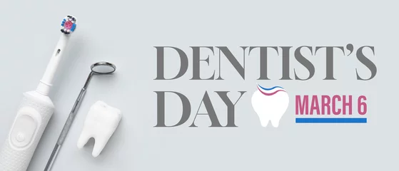 Foto op Plexiglas Banner for National Dentist's Day with dental mirror, electric toothbrush and model of tooth © Pixel-Shot