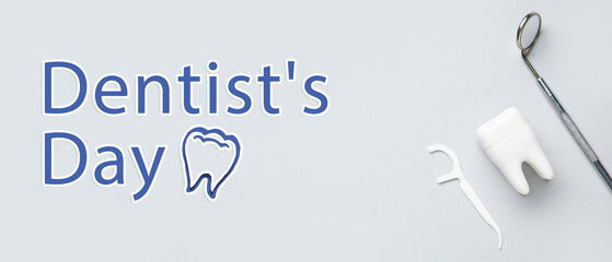 Banner for National Dentist's Day with dental mirror, floss and model of tooth