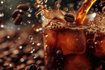 Fotobehang Cold coffee drink with ice, Beans and splash, Close up banner © Nijieimu