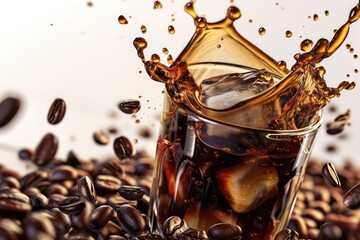 Cold coffee drink with ice, Beans and splash, Close up banner