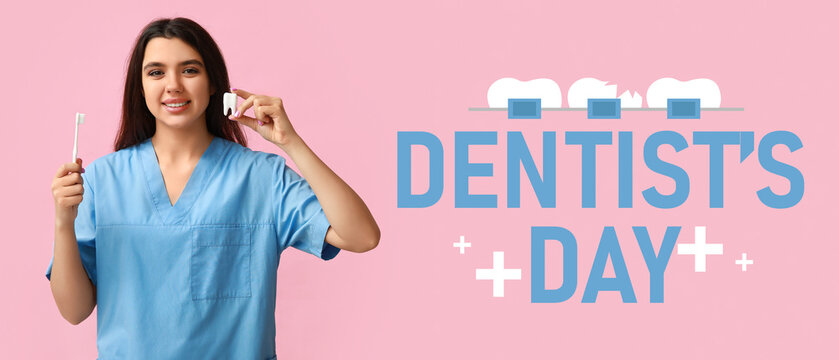Banner for National Dentist's Day with female doctor