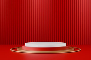 luxury red podium presentation product design, gold cylinder pedestal podium. Abstract minimal...