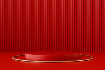 luxury red podium presentation product design, gold cylinder pedestal podium. Abstract minimal scene mockup product stage showcase, Promotion display.3d rendering ,3d illustration.