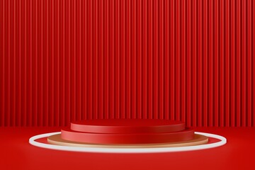 luxury red podium presentation product design, gold cylinder pedestal podium. Abstract minimal...