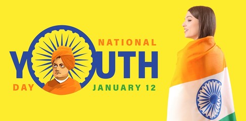  Banner for National Youth Day with young Indian woman and flag