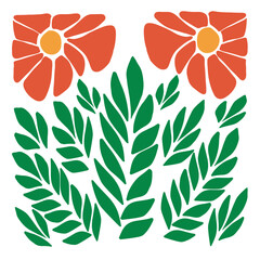 Orange abstract flowers and green leaves. Minimalist floral art prints inspired by Matisse on square shape. Vector illustration isolated on transparent background.