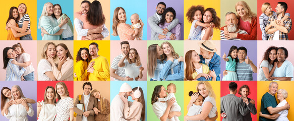 Big collage of hugging people on color background - obrazy, fototapety, plakaty