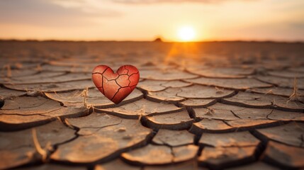 A Red Heart on dry cracked earth surface - obrazy, fototapety, plakaty