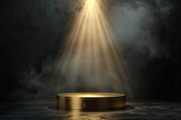 Gold podium on dark background with smoke. Empty pedestal for award ceremony