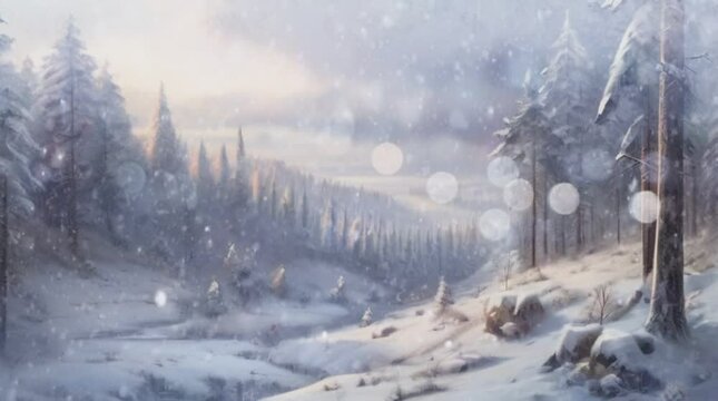 Winter landscape with rain in the forest Seamless looping time-lapse animation background. Generative AI