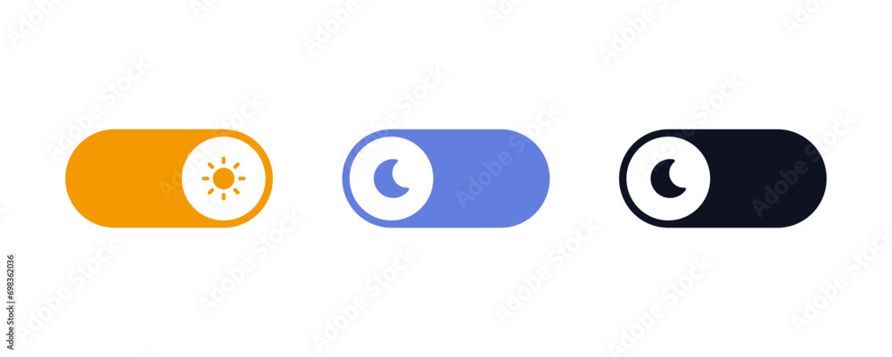 Poster On Off toggle switch buttons. day night switch toggle - dark mode, light mode switch button - sun and moon icons