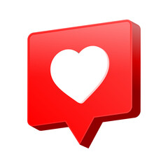 Like Heart in 3d speech bubble icon background. love heart social media notification icons 3d modern, like chat bubbles social network post reactions - favorite hearts, 3d rendering illustration