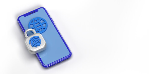 Mobile Phone Smartphone security guard with fingerprint padlock on white background. Minimalist 3D render design, copy space. Global contactless payment, online banking concept. SHOTLISTbanking.