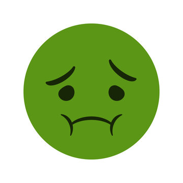 Nauseated face emoji with green face flat icon - sick emoticon - sickly face green with concerned eyes and puffed holding back vomit