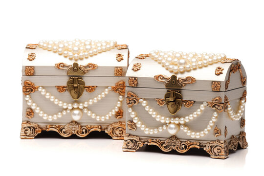 Wooden and silver old chests with pearls and gold , isolated on white