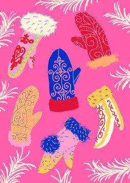 multicolored Yakut mittens with Yakut patterns
