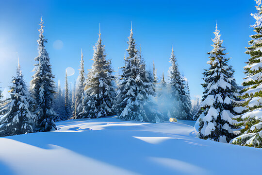 A snow-covered forest with trees and snow, XL winter forest blizzard, snow-covered pine trees