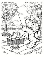 A cute coloring book page of a puppy dog having a picnic and flying a kite in the park on a summer day