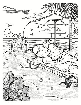 A Cute Coloring Book Page Printable Puppy Dog At He Beach With A Sandcastle 