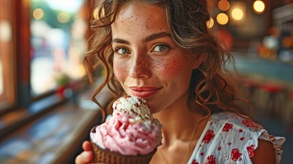 up close ice cream-eating, happy woman . - obrazy, fototapety, plakaty