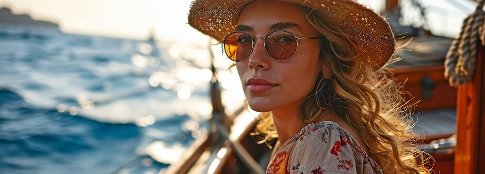 A self-assured, fashionable girl dressed for summer sits aboard a ship and faces the camera as it cruises through the Caribbean Sea..