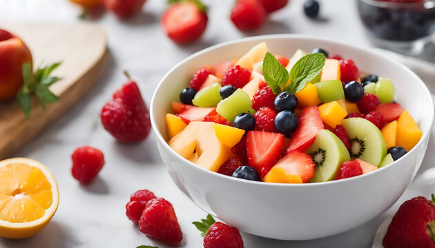 Healthy fruit salad with fresh fruits and berries in a bowl.