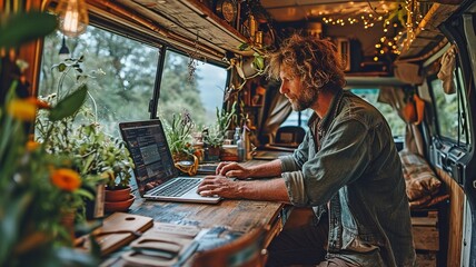 Man using a laptop while seated at a desk in a camper van, surrounded by individuals who lead modern, online lives..