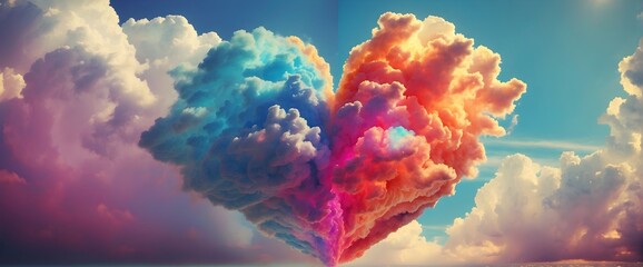 A vibrant and unique heart-shaped cloud, bursting with a rainbow of colors and radiating love in every direction. landscape