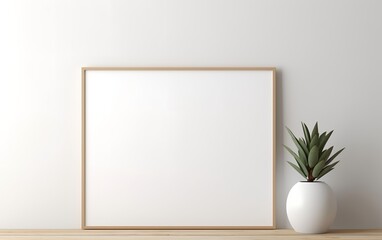 Fototapeta na wymiar Blank frame and indoor plant with copy space on table top. Minimalism interior design. For product, wallpaper, advertising, and marketing material mockup.