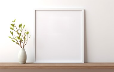 Blank frame and indoor plant with copy space on table top. Minimalism interior design. For product, wallpaper, advertising, and marketing material mockup.