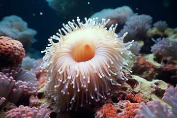 Fototapeta na wymiar White spotted rose anemone Urticina lofotensis in a Pacific ocean coral reef