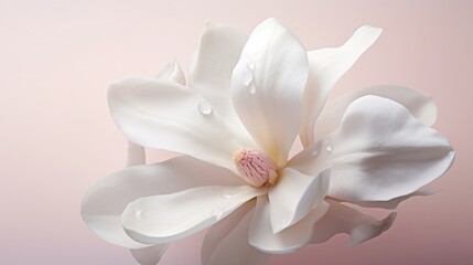 A close-up of a dew-covered magnolia blossom, its creamy white petals set against a soft blush background.