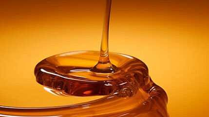 A close-up of a droplet of honey on a solid brown background.