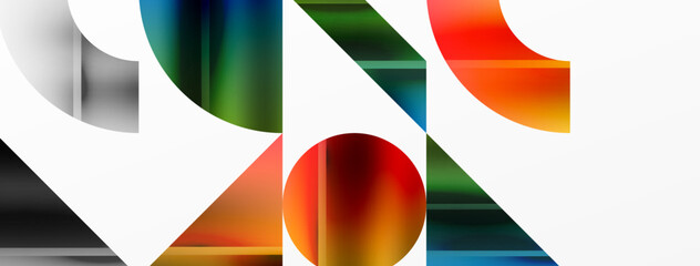 Elegant minimalist background with color metallic circles and triangles, creating harmonious composition of geometric shapes for wallpaper, banner, background, landing page