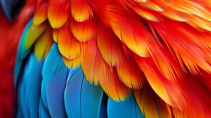 A close-up of a macaw's plumage showcasing its vibrant feathers.