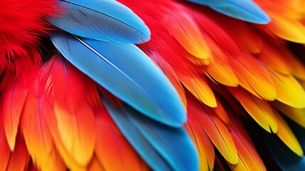 A close-up of a macaw's plumage showcasing its vibrant feathers.
